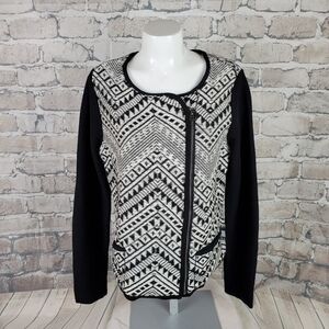 Lucky Brand Black White Knit Zip Front Cardigan XL Chevron Pattern